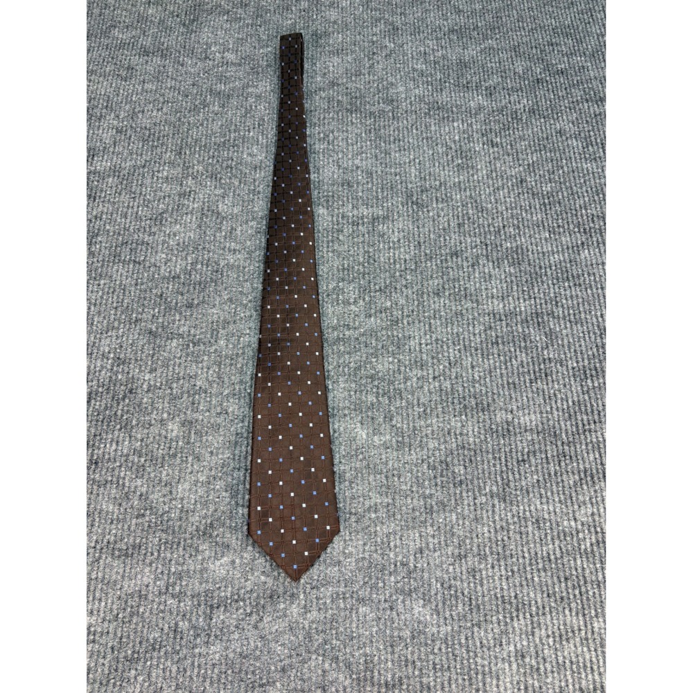 Bugatti Mens Silk Necktie Brown Blue Geometric Grid Pattern Formal Business Tie